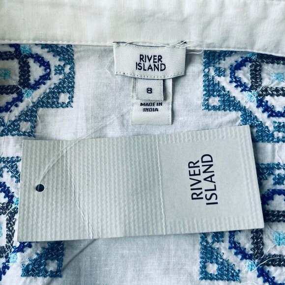 River Island Embroidered Mini Shirt Dress Size 8 Open Back Collard Button Up - Picture 10 of 16